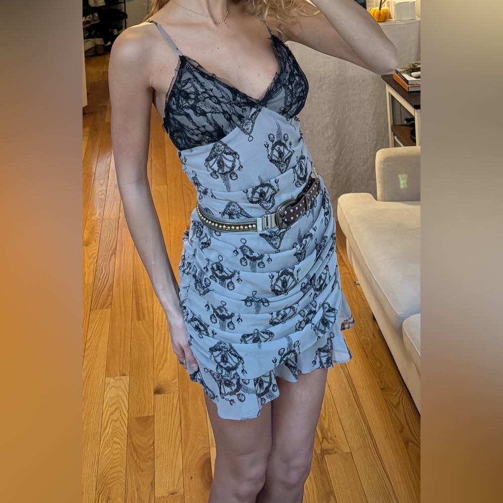 VINTAGE Ruched Lace Printed Mini Dress (M)